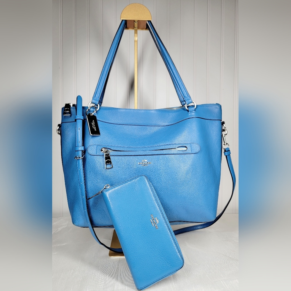 COACH Tyler Pebble Leather Tote-RARE Lapis Blue & Silver With Matching Wallet